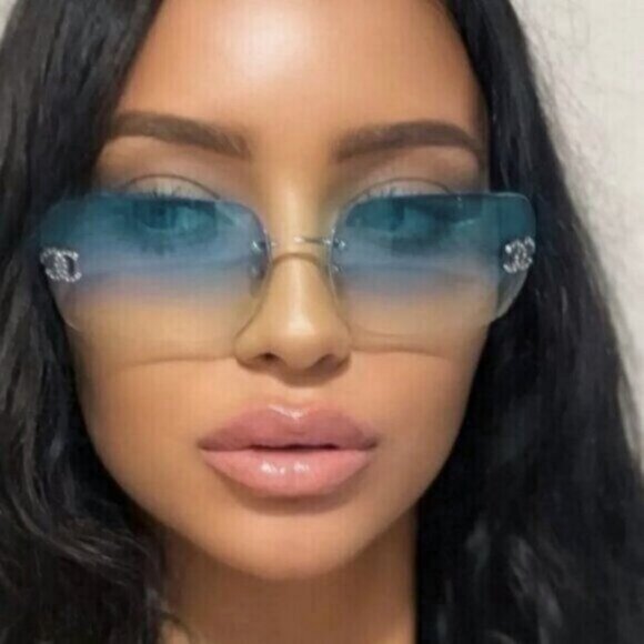 RARE Chanel Vintage Sunglasses Rhinestone Crystal CC Logo Rimless Gradient Blue - Picture 1 of 14